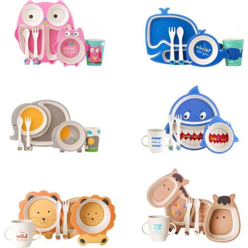 5 Pcs Cute Cartoon Animals Bamboo Fiber Kids Baby Children Solid Feeding Dinnerware Tableware Set Plate Bowl Cup Fork Spoon