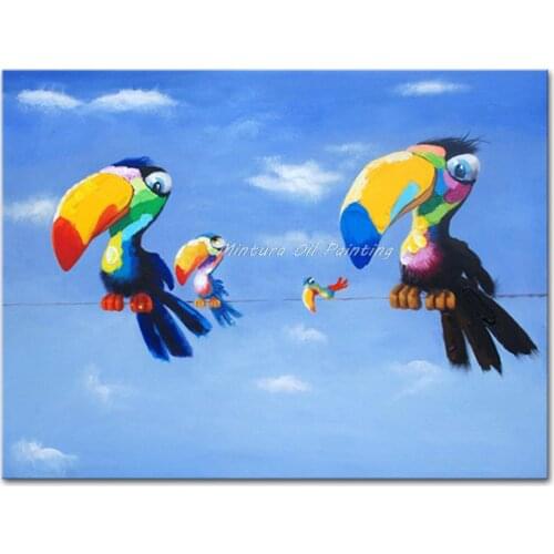 Free Shipping Canvas Painting Hand Painted Oil Painting Modern Cartoon Toucan Animals Wall Picture Kids Room Wall Deco No Framed