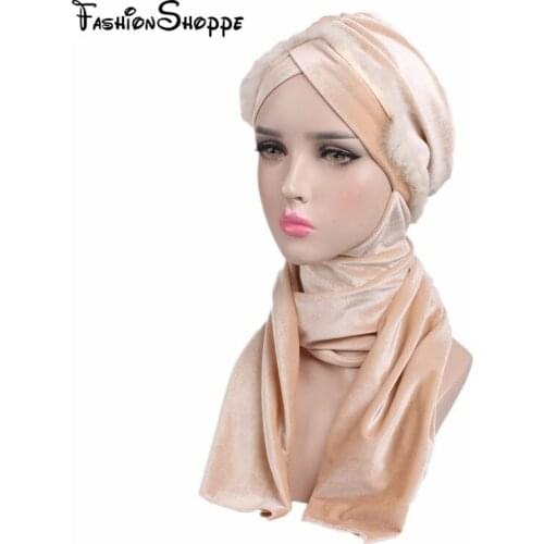 Free shipping Hot sale Newest Winter Muslim velvet hat warm Rabbits hair scarf hat hair scarf hat long turban for women YS247