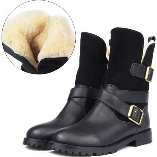 Genuine Leather Mid-Calf Snow Boots Woman Shoes Winter Casual Buckle Strap Side Zip Warm Fur Booties Black Botas Mujer 35-40