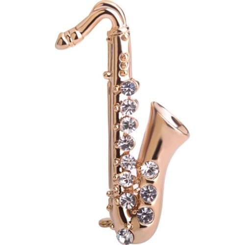 OI Classic Saxophone Shape Brooches Small Suit Lapel Pins Crystal Collar Chapter Musician Clothes Decoration Bijoux Kid Corsages