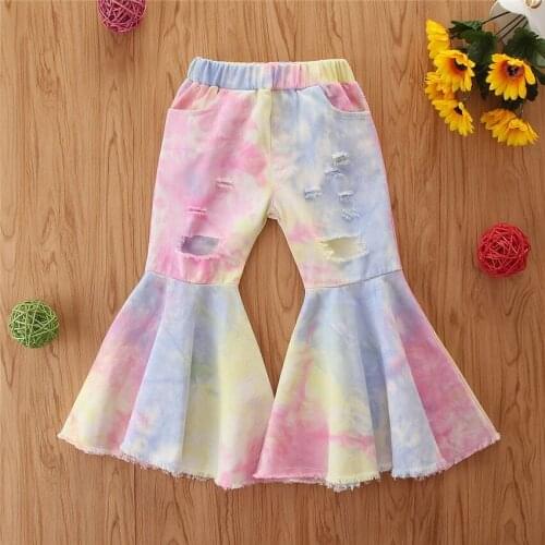 New Tie dye Baby Girl Flare Trousers, Hole Design Elastic Waist With Pocket Child Spring and Summer Clothing