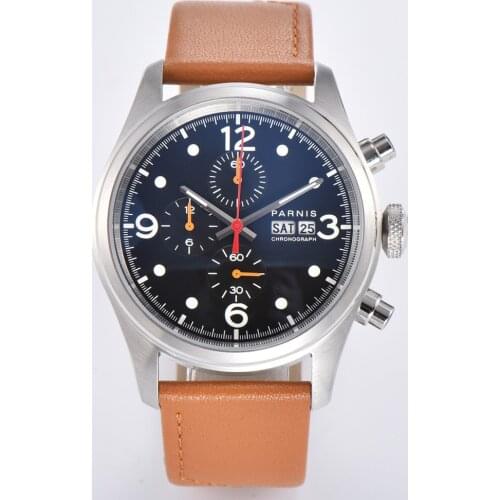 Parnis 42mm Black Dial Quartz Mens Watch Sport Chronograph Date Week Function Round Case Leather Strap Clock