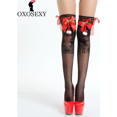 White Ball Christmas Red Bow Lace Bandage Women Sexy Stockings Thigh High Mesh Fishnet Over Knee High Stockings Lingerie 308