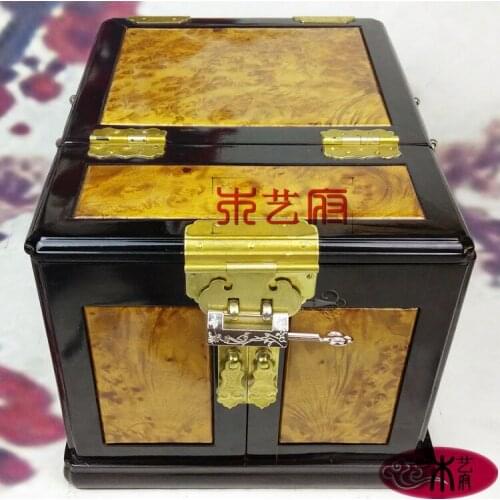 Wooden [government] gold camphor wood inlay ebony mirror box jewelry box carved wooden jewelry box furniture Decoration