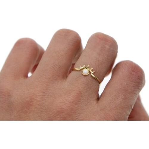 Gold color gold filled high quality jewelry bezel white fire opal Gem GIRL women lucky eye eyelash unique ring