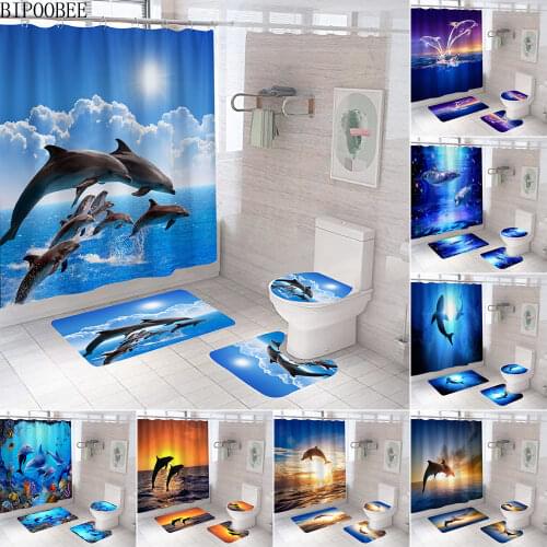Ocean Dolphin Bathroom Set Animal Waterproof Fabric Shower Curtains Sea Scenery Pedestal Rugs Flannel Toilet Cover Bath Mats