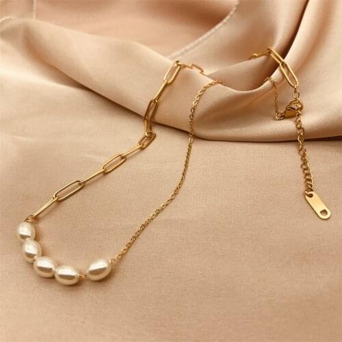 ZN Natural Freshwater Pearl Necklace for Women Gold Chunky Link Chain Asymmety Toggle Clasp Circle Chokers Necklace Jewelry