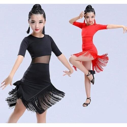 2021 New Kids Child Girls Latin Dance Dress Fringe Latin Dance Clothes Salsa Costume Black Red Ballroom Tango Dresses For Sale