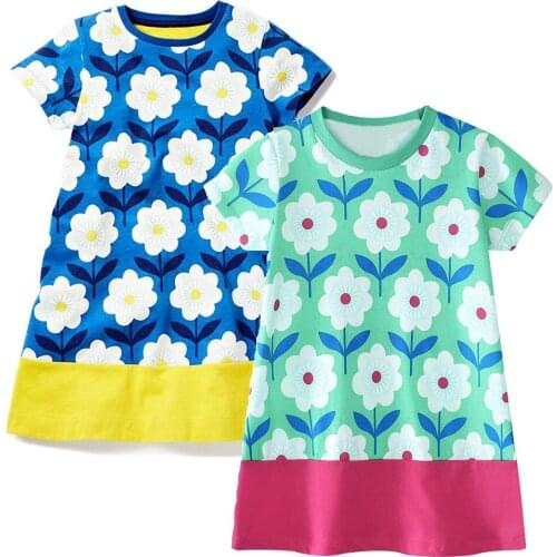 Hooyi Flower Baby Girls Dress 100% Cotton Fashion Children Summer Clothes Short Sleeve Girl Dresses Blouse Kids Vestidos Jumpers