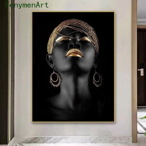 Sexy Black Gold African Woman Canvas Painting Pretty Black Girl Poster Print Modern Wall Art Picture Living Room Home Decoration