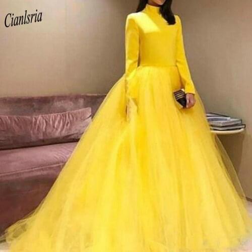 Simple Yellow High Neck Long Sleeve Ball Gown Evening Dress 2020 Tulle Custom Made Formal Evening Party Dresses robe de soiree