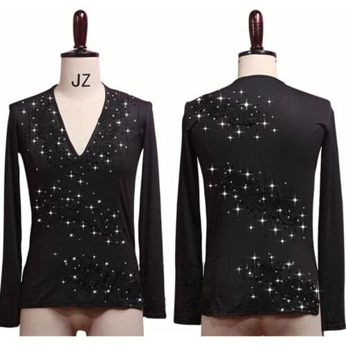 Latin Dance Shirts Men Long Sleeve V Neck Tops Embroidered Shiny Rhinestones Dancing Shirts Male Competition Show Wear DN3532