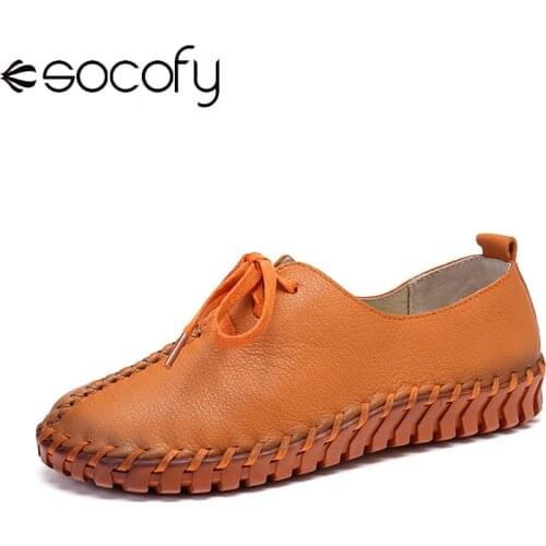 SOCOFY Womens Shoes Solid Color Hand-made Stitching Cow Leather Breathable Comfy soft-soled Lace-up Casual Fashion Flat Shoes