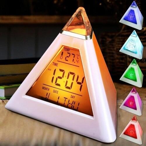 Triangle Digital Alarm Clock LED Temperature Week Display Clock 7 Colors Calendar Thermometer Clock Bedroom Home Decoration