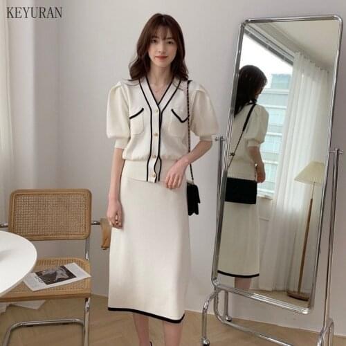 Spring Summer Knitted Two Piece Set Fashion Puff Short Sleeve Cardigans Knitwear Tops and Midi Skirt Suit 2021 Casual Wear