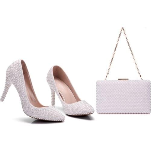 Crystal Queen Pearl White Womens Wedding Pumps High Heel Wedding Shoes Bridal Party With Matching Bags With Purse Dress Shoes