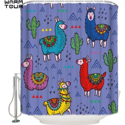 WARMTOUR Shower Curtain Cartoon Lama Merry Christams Extra Long Fabric Bath Shower Curtains Bathroom Decor with Hooks