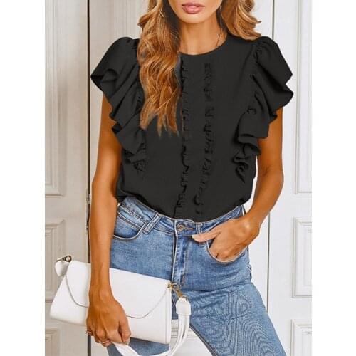 New Women Butterfly Sleeve Top Casual Summer Round Neck Puff Sleeves Ruffled Blouse