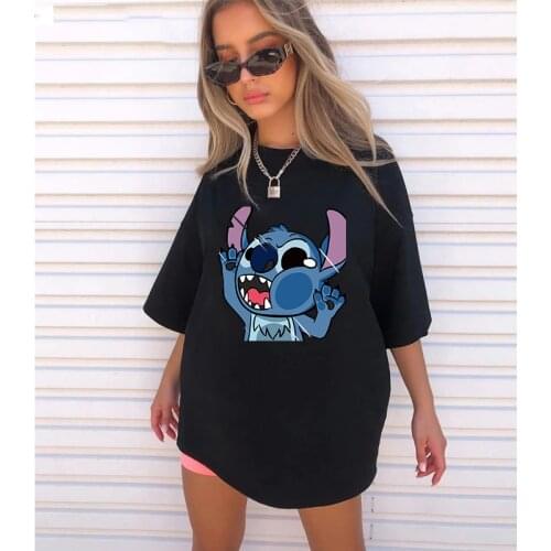 Hot Sales Womens T-shirt Fashion Disney Outfits Lilo Stitch Kawaii Tops Casual T Shirts 90s Girls O-Neck Short Sleeve Loose Tee