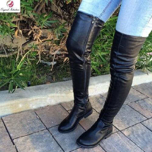 Trendy Over Knee Women Boots Thigh High Side Zip Low Chunky Heels Faux Leather Shoes Botines Mujer Large Size 34-52