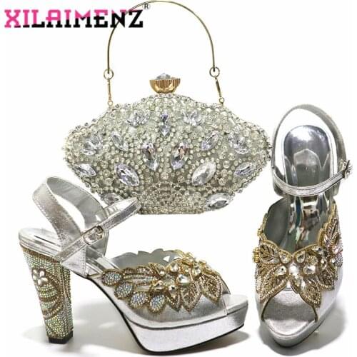 Super High Heels New Coming Italian Design Italian Women Shoes and Bag to Match in Silver Color with Platform for Wedding Party