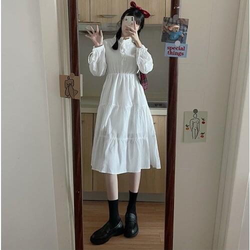 Womens Dress kawaii clothing sweet lolita dress 2020 New Japanese Versatile Slimming Long Sleeves White Mid-Length Dress