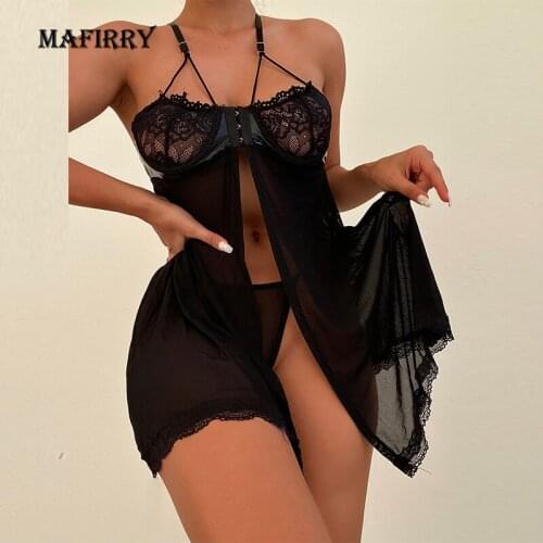 Women Sexy Lace Lingerie Underwear Sleeveless Hanging Deep V-Neck Erotic Nightgown Dress One Size Seksi Sexy Transparent Costume