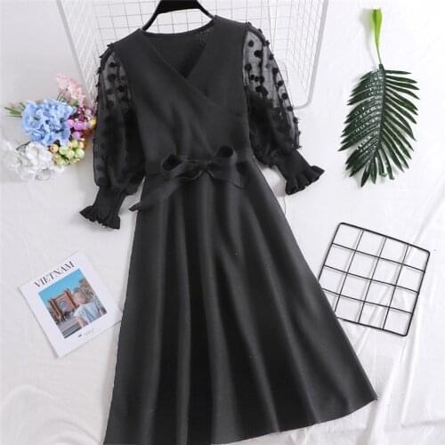 2019 Autumn Winter Women Knitted Dress V-neck With Belt Sweater Dresses Fashion Lady Slim Bodycon Bottoming Dress Vestidos R240