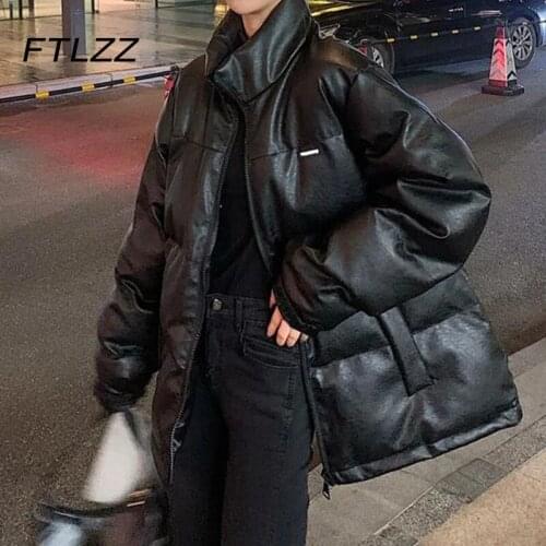 Winter Faux Leather Puffer Jacket Women Oversized Koraen Fashion Black Bubble Coat Female Stand Collar Thick Parkas Outwear