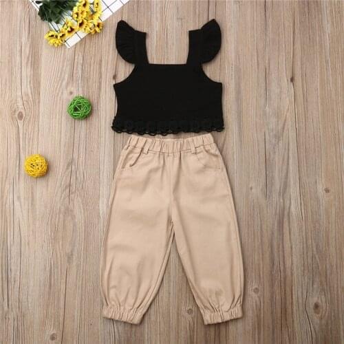 Emmababy Toddler Baby Girls Clothes Set Summer Kids Outfit Fly Sleeve Lace Crop Top+Pants 2pcs Children Clothing Set 1-5T