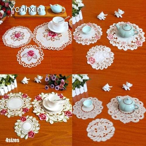 Europe satin embroidery lace table place mat cloth pad cup coaster placemat tea doily kitchen wedding Christmas decor tableware