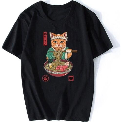 Neko Ramen Japan Cat Anime T Shirt Mens High Quality Aesthetic Cotton Cool Vintage T-shirt Harajuku Streetwear Camisetas Hombre