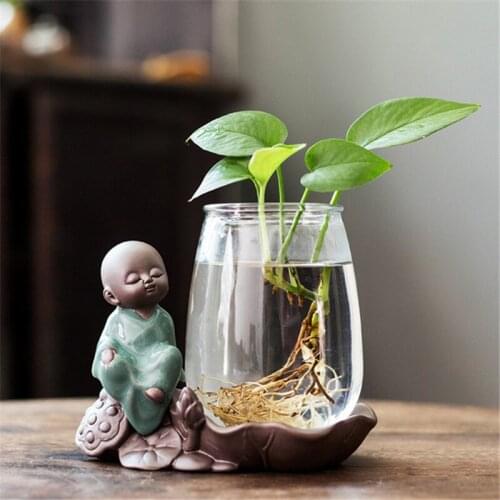 Terrarium Hydroponic Pots Vases Creative Monk Buddha Figures Flower Pot Transparent Glass Vase Tabletop Plant Home Bonsai Decor