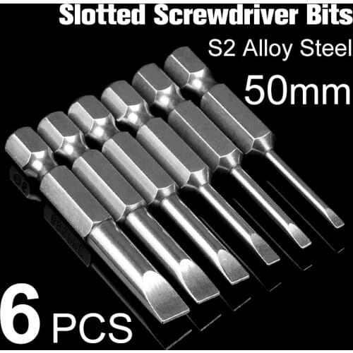 HOEN 6Pcs 50mm Magnetic Screwdrivers Bits Set 2mm-6mm S2 Alloy Steel Slotted Tip Screwdrivers Bits 1/4 Inch Hex Shank Hand Tools
