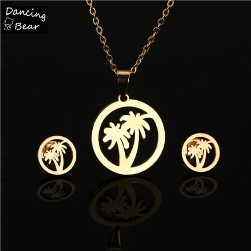 New Arrival Gold silver Color Stainless Steel Coconut Tree Pendant necklace Earrings sets For Women Girls' Gifts Sexy Choker set