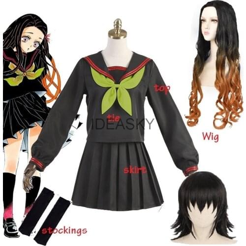 Anime Demon Slayer Kimetsu no Yaiba Cosplay Costume Kamado Nezuko Makomo Japanese School Uniforms Sailor Suit Women wig shoes