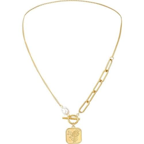 316L Stainless Steel Retro Square Brand Rose Square Pendant Simple Pearl Mix Trend Necklace No Fade