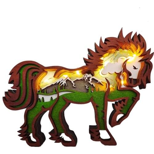 Christmas Decoration Wooden Laser Carving Crafts Hollowed horse With LED Light Cute Desktop Ornaments Home Decor Accessories