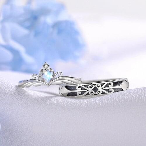 Fashionable S925 Silver Plated Princess Knight Moonstone Crown Couple Adjustable Rings Love Anniversary Gift 217