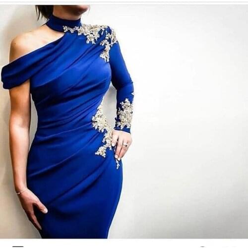 New Arrival Halter One shoulder Long sleeve evening dress Royal blue evening gowns Lace Beaded Formal dress Party long dress