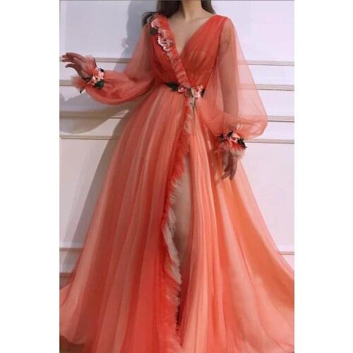 Orange Long Sleeves Embroidery Prom Dresses High Split Side Long Tulle V Neck Formal Evening Party Gowns Robe De Soiree