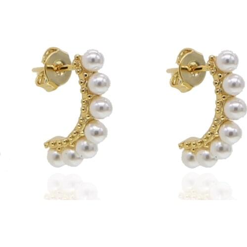 Gold filled classic Fresh Water sea Pearl Bead Pave curve Bar Stud Earrings Fashion Simple geometric lovely earring jewelry