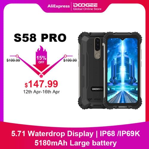 DOOGEE S58 Pro IP68/IP69K/MIL-STD-810G Waterproof Rugged Phone 5180mA Large Battery MT6762V 6GB + 64GB 5.71 inch HD+ Smartphone