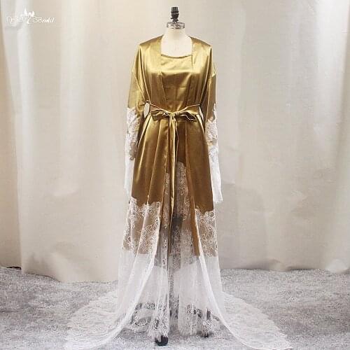 LZY027 Women Nightdress Sexy Long Ivory Lace Lingerie Bath Robe Gown Imitation Silk Nightwear Two Piece Set Nightgown