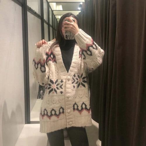 Spring Autumn Acrylic Womens Sweater V-Neck Long Sleeve Cardigan Button Knitted Embroidery Print Fashion Office Lady Sweater