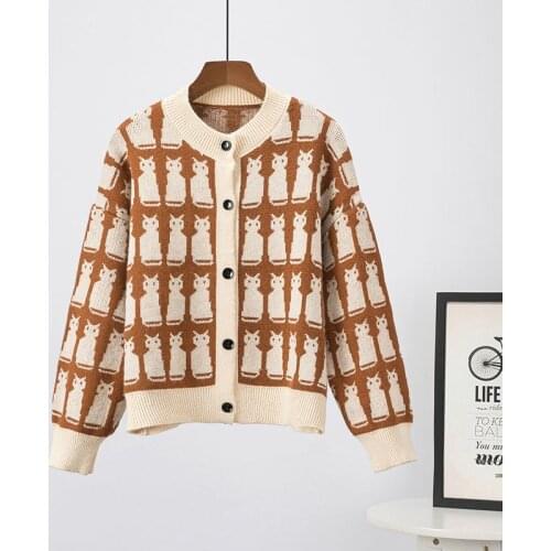 Autumn Fashion Print Coffee Color Black Female Knit Cardigan Loose V-neck Long Sleeve Women Casual Single-breasted Knitwear Coat