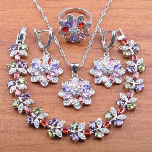 2020 New 925 Silver Color Wedding Costume Colorful Zircon 4PCS Jewelry Sets For Women Dangle Earring Bracelet And Ring JS0275