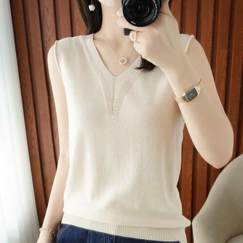 Hot sale V-neck sleeveless sweater ladies solid color knit 100% cotton vest slim fashion pullover summer ATTYYWS brand 3 colours