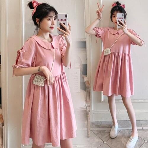 6889# Maternity Dress Summer Cotton Solid Color Short Sleeve Loose Stylish Dress for Pregnant Women Mom Dress